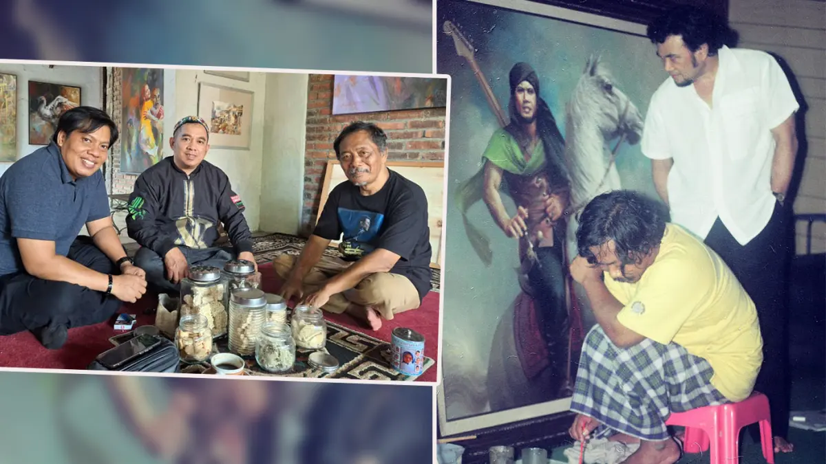 LEGENDARIS: Badrie saat melukis sosok Satria Bergitar, dipantau langsung raja dangdut Rhoma Irama kala itu (foto kanan). Badrie bersama pembina Pembina Forsa Pasuruan Raya Aris Ubaidillah (foto kiri)  