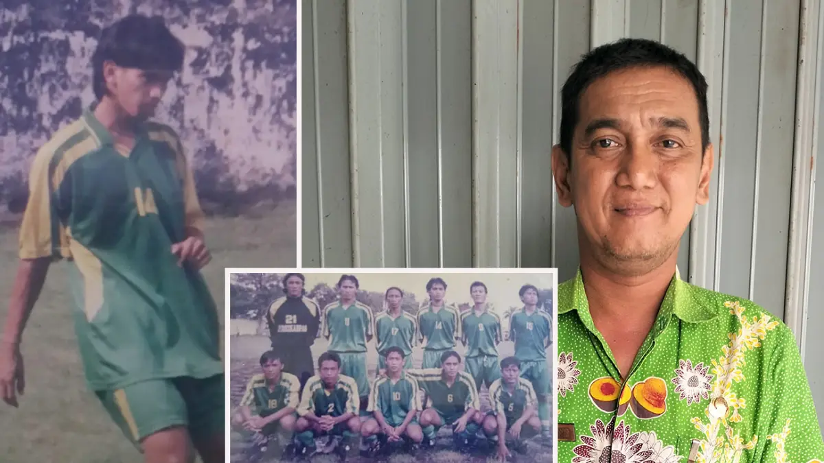 DULU-KINI: Agus Ari Iswianto yang kini jadi kepala Pengelola Pasar Gempol Pasuruan. Agus Ari saat memperkuat Persekabpas (foto kiri) dan skuadra Persekabpas yang diperkuat Agus Ari di musim 2002 silam. (Rizal Syatori/Radar Bromo- Dok Pribadi)