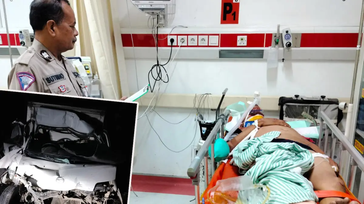 Kondisi sopir pikap saat dirawat di RS. Inset, kondisi pikap yang alami ringsek usai menabrak bagian belakang dump truck. 