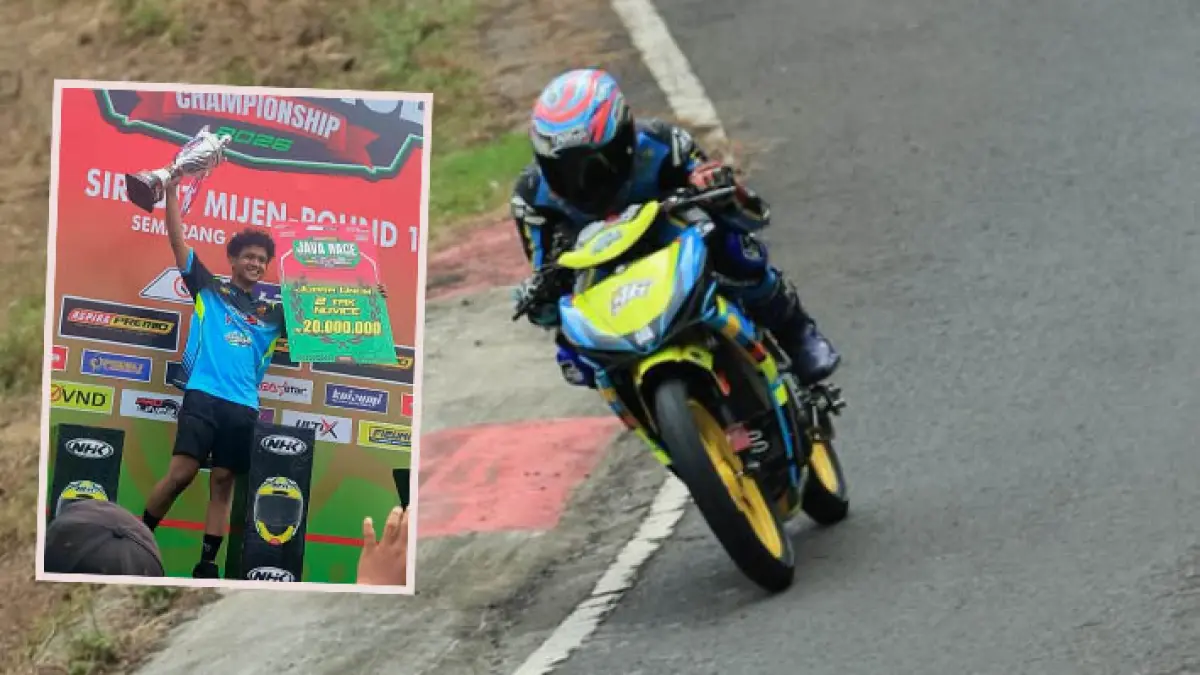 PODIUM: Hafid Syahril Rasyadan saat turun di nomor Bebek 2T STD Novice, Sabtu (19/4) lalu. Inset, Rayas meraih podium dan menerima piala juara umum di ajang Java Race Championship 2026 Seri 1 yang digelar di Sirkuit Mijen, Semarang. (Foto: KONI Kota Probolinggo for Jawa Pos Radar Bromo)