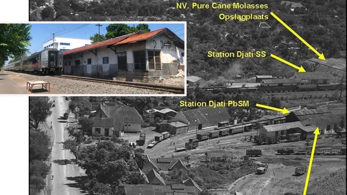 PETA: Lokasi Station Djati milik Staatsspoorwegen (SS) dan Station Djati milik Probolinggo Stoomtram Maatschappij (PbSM) pada masa kolonial. Inset kondisi eks stasiun Djati kini. (Istimewa-Inneke Agustin/ Radar Bromo)