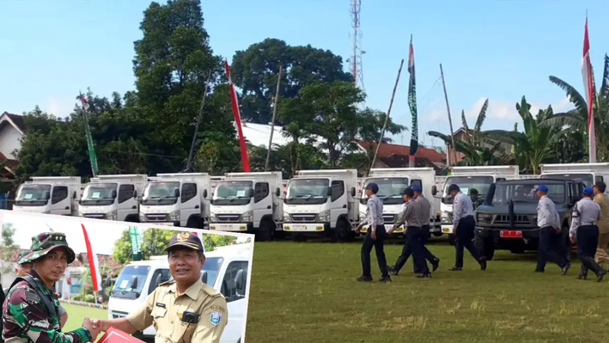 Sejumlah truk untuk KDMP yang telah diserahkan kepada 8 desa di Probolinggo. Inset Dandim 0820 saat seremoni penyerahan truk. 