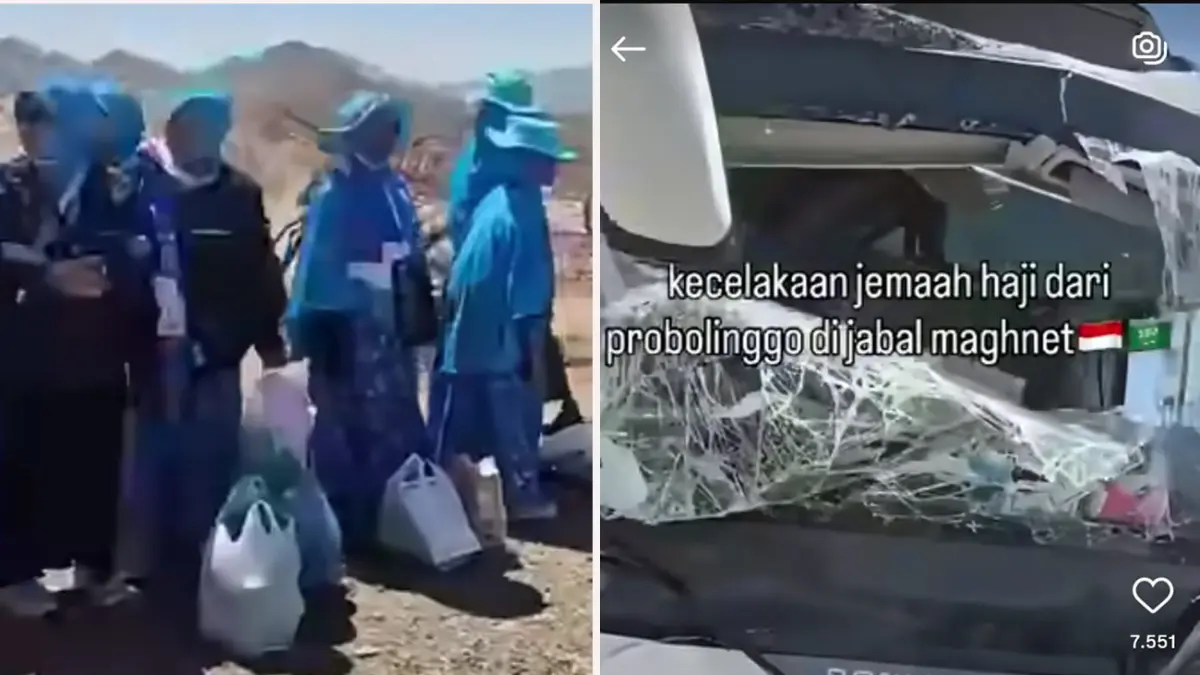 Kondisi bus alami ringsek bagian depannya. Rombongan jemaah haji Kabupaten Probolinggo yang turun dari bus, usai bus yang ditumpangi alami kecelakaan di Jabal Magnet Madinah. 