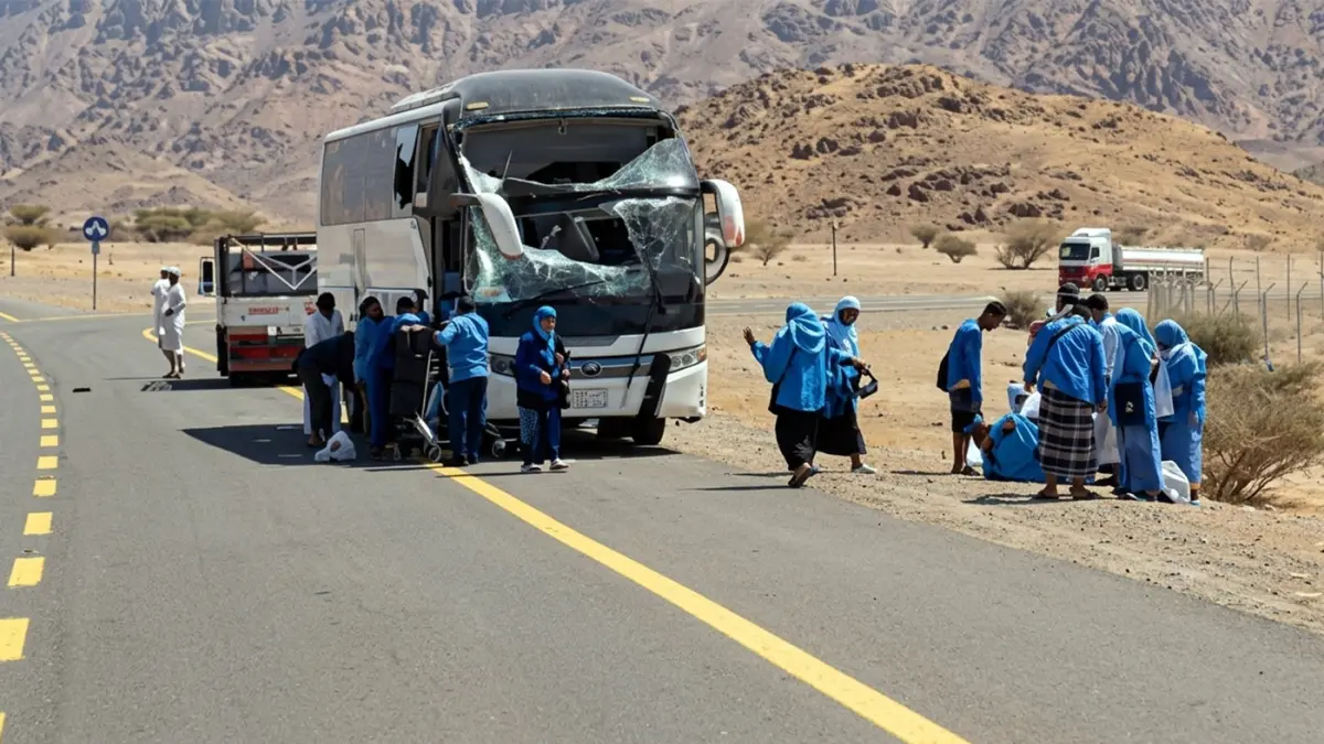 Sejumlah jemaah haji asal Kabupaten Probolinggo turun dari bus usai alami tabrakan. (Foto diolah dengan AI agar lebih tajam)