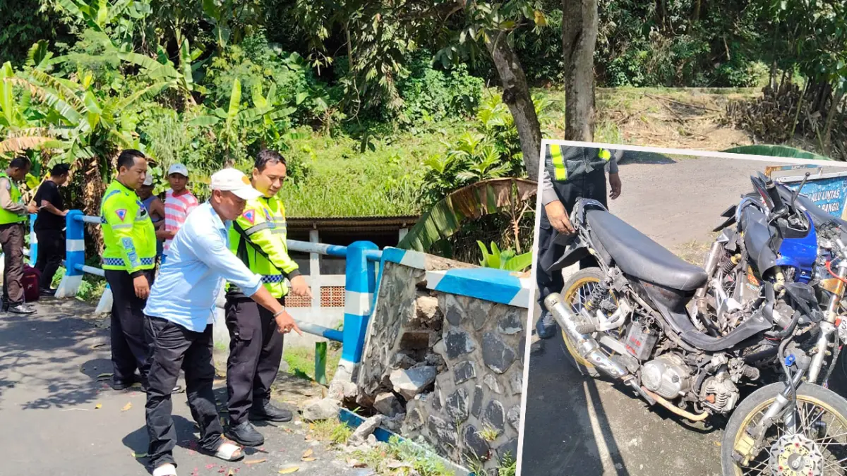 HANCUR: Kondisi tembok jembatan di Sekarjoho Prigen yang hancur usai tertabrak motor korban Jupiter (foto inset)