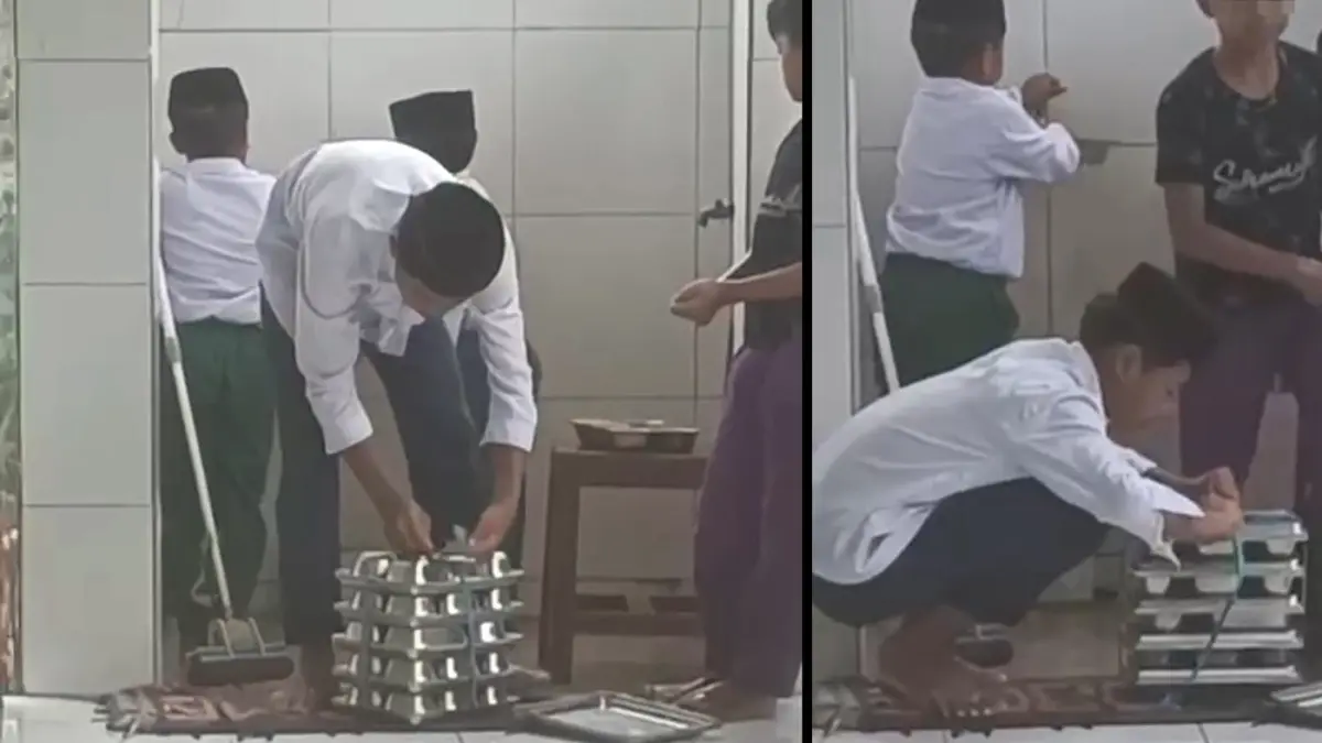 BIKIN HEBOH: Siswa MI Ainur Rohmah di Desa Tambakukir, Kecamatan Kotaanyar, Kabupaten Probolinggo, tengah mencuci ompreng makan MBG. Video ini viral namun dinyatakan sebagai kesalahpahaman.