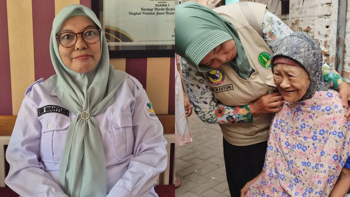 SEPENUH HATI: Sri Wahyuni saat menolong lansia terlantar. Sudah puluhan tahun dia menjadi pekerja social masyarakat (kanan). Sri Wahyuni saat ditemui di kantor Dinas Sosial Kota Pasuruan. (Foto: Fahrizal Firmani/Jawa Pos Radar Bromo)