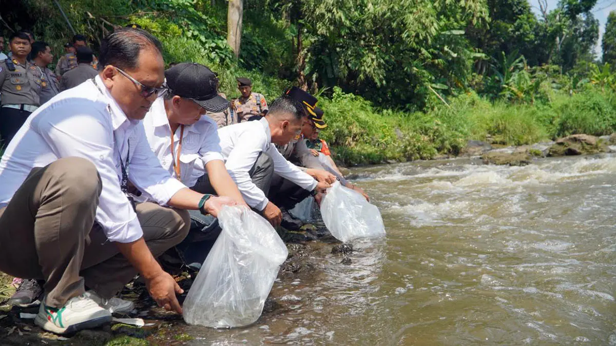 LEPAS IKAN: Pelepasan sebanyak 6.000 benih ikan tawes ditebar ke aliran Sungai Welang. Langkah ini dilakukan, untuk menjaga ekosistem. (Muhamad Busthomi/Radar Bromo)