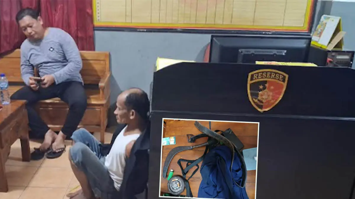 TAK BERKUTIK: Hamim saat berada di Mapolsek Grati. Inset, Tas berisi bondet yang dibawa para pelaku. (Foto: Fuad Alyzen Jawa Pos Radar Bromo)