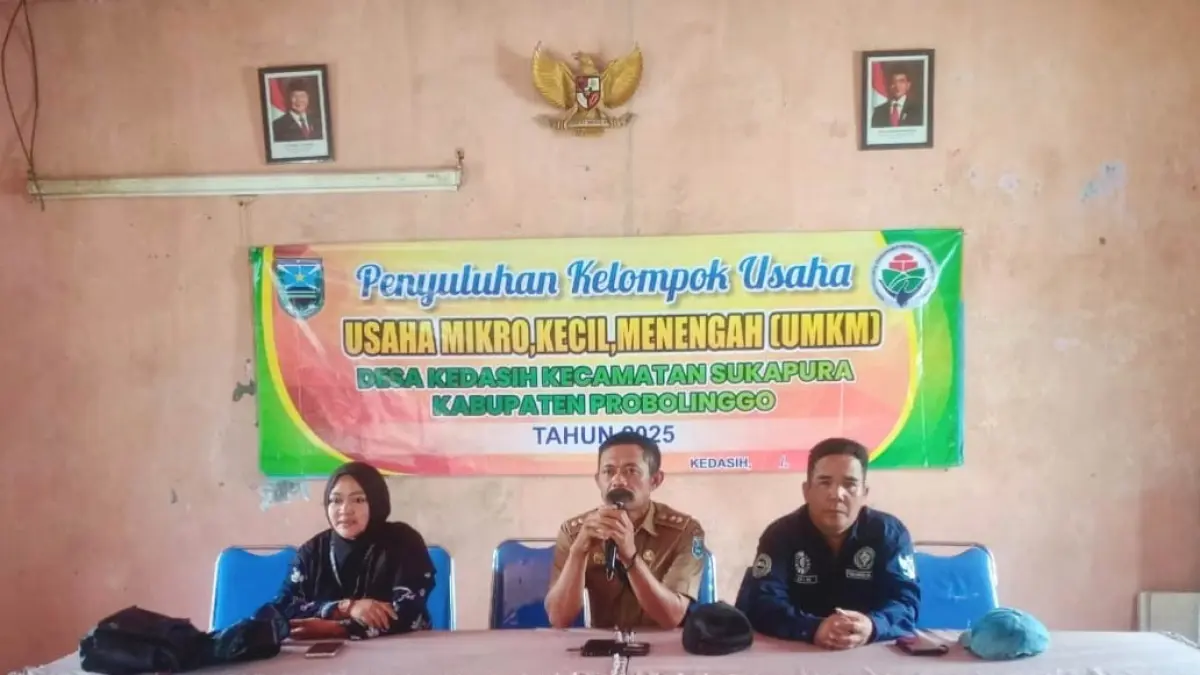 PENYULUHAN: Kepala Desa Kedasih Suriyanto (pegang mik) memberikan sambutan dalam kegiatan Penyuluhan Kelompok UMKM di Balai Desa Kedasih. (Foto: Achmad Arianto/Jawa Pos Radar Bromo)