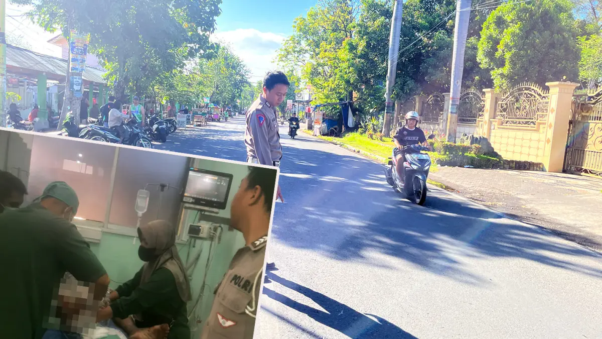 OLAH TKP: Anggota Satlantas Polres Probolinggo Kota melakukan olah TKP di Jalan Basuki Rahmad, Kelurahan Mangunharjo, Kecamatan Mayangan, Jumat (15/5) pagi. Inset korban saat dirawat di RSUD dr Moh Saleh. 