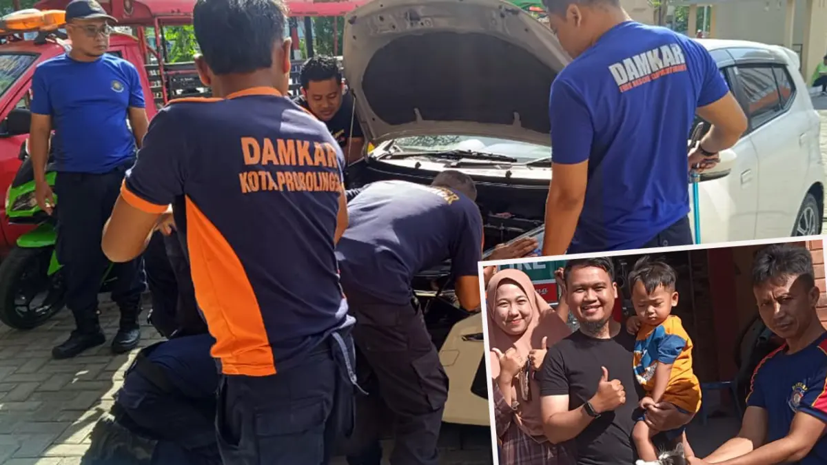 EVAKUASI: Tim Damkar Satpol PP Kota Probolinggo mengevakuasi kucing yang masuk kap mobil, Minggu (17/5). Inset kondisi anak kucing yang berhasil dievakuasi. 