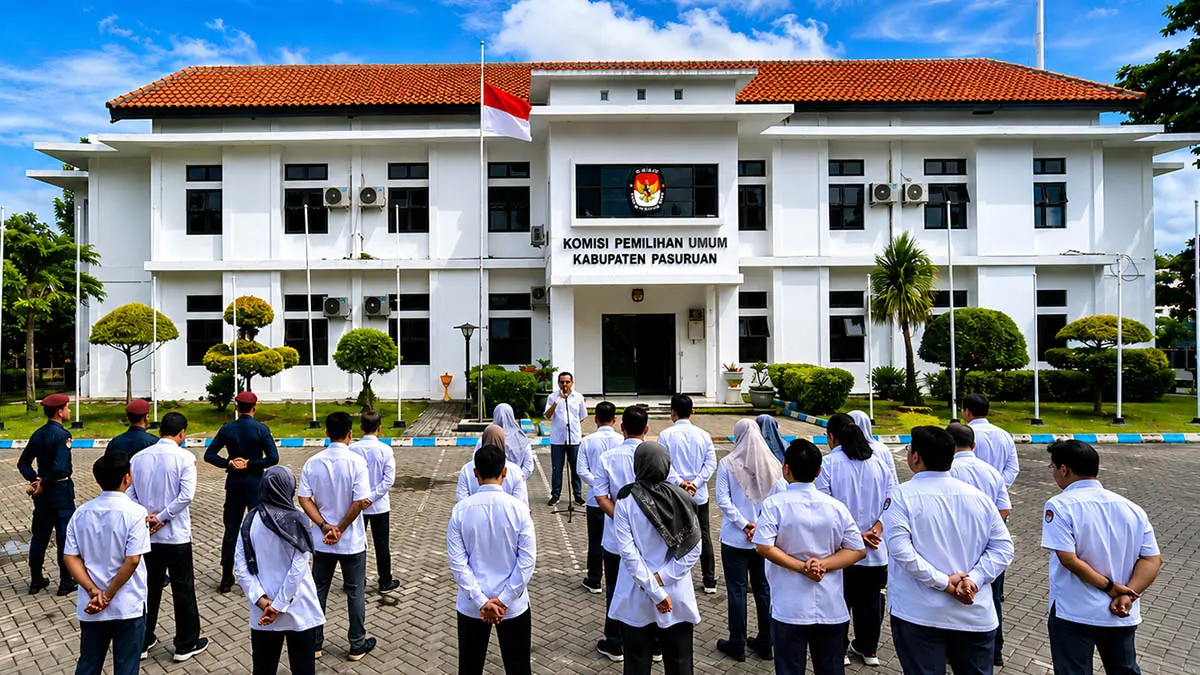APEL: Sejumlah pegawai di lingkungan KPU Kabupaten Pasuruan saat menggelar apel di halaman kantor. Gedung kantor yang dimanfaatkan saat ini, bakal dimanfaatkan untuk wisma atlet oleh Pemkab Pasuruan. (Instagram KPU Kabupaten Pasuruan)