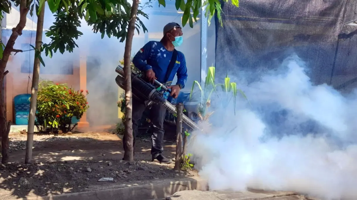 SEMPROT: Petugas saat melakukan fogging di Paiton, beberapa waktu lalu. 