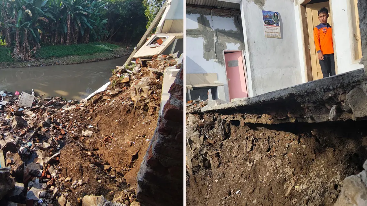 Kondisi rumah warga di sempadan sungai Gembong, Kota Pasuruan yang ambrol usai diguyur hujan lebat. 