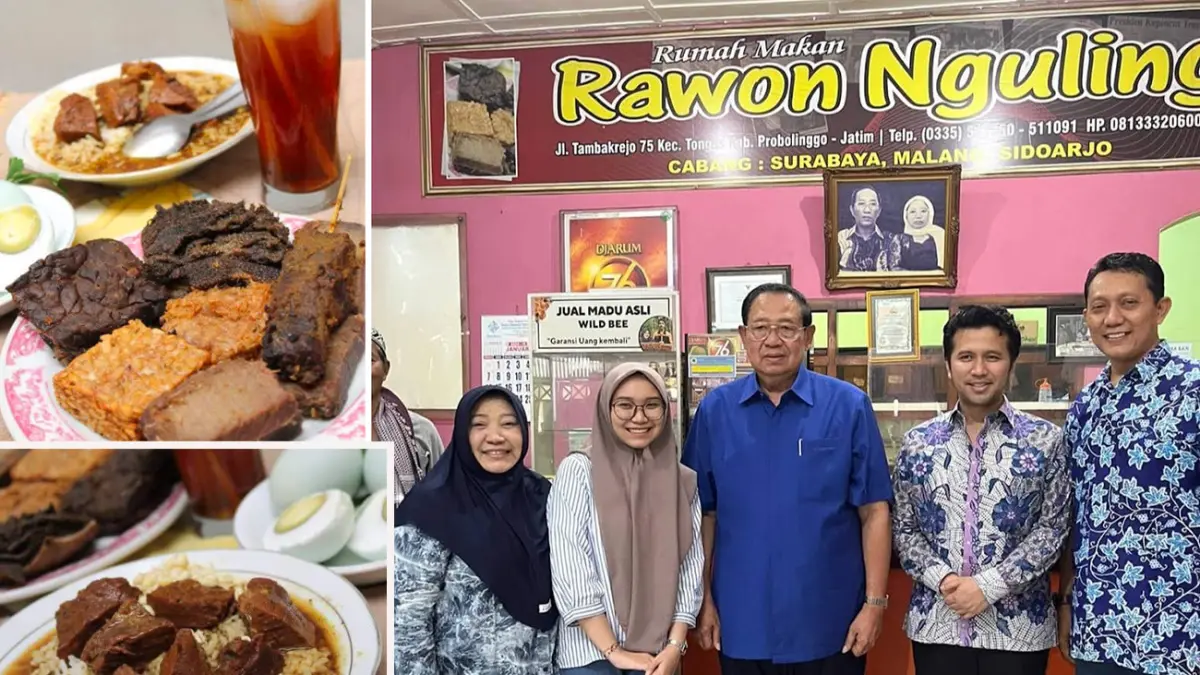 PELANGGAN SETIA: Presiden ke-6 RI Susilo Bambang Yudhoyono (SBY) saat mampir ke Rawon Nguling bersama Wagub Jatim Emil Dardak. Inset sajian sepiring rawon Nguling dan aneka lauk nan menggugah selera.