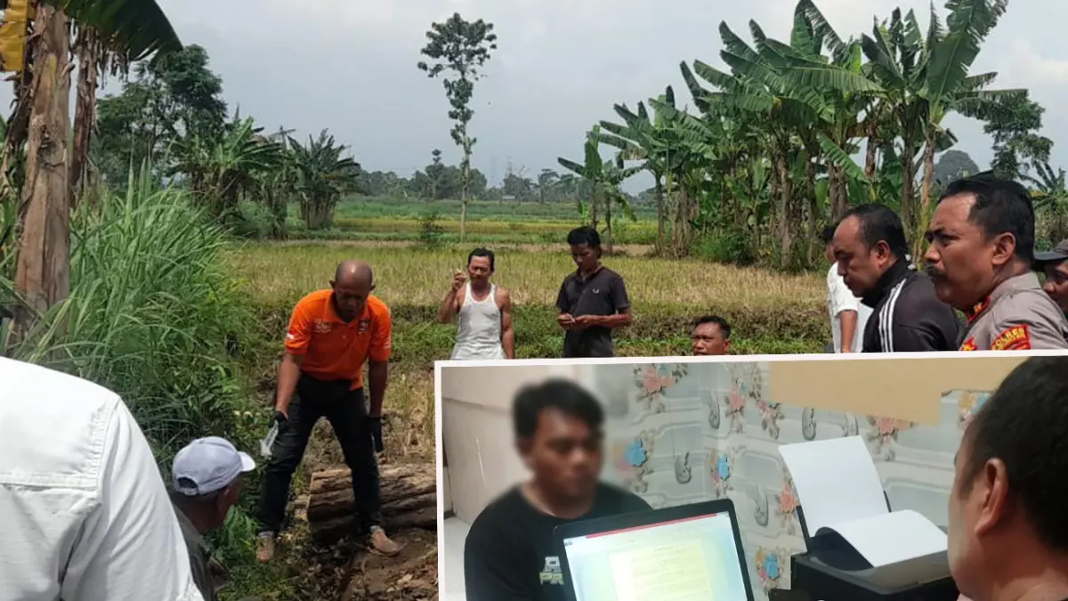 TERUNGKAP: Polisi saat melakukan olah TKP, inset Kanit Reskrim Polsek Tongas Aipda Anang Farid saat memeriksa SA, 23, warga Kecamatan Tongas di Mapolsek Tongas, Jumat (22/5).
