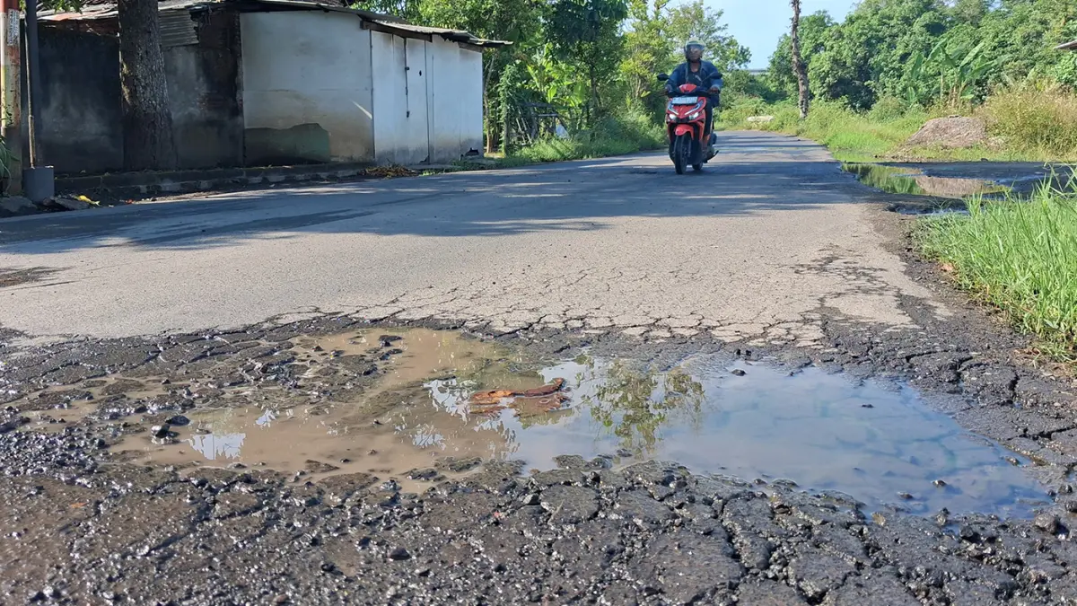 RUSAK: Ruas jalan di Ranu Klindungan kawasan sekitar Ranu Grati yang alami kerusakan. (Fuad Alyzen/ Radar Bromo)