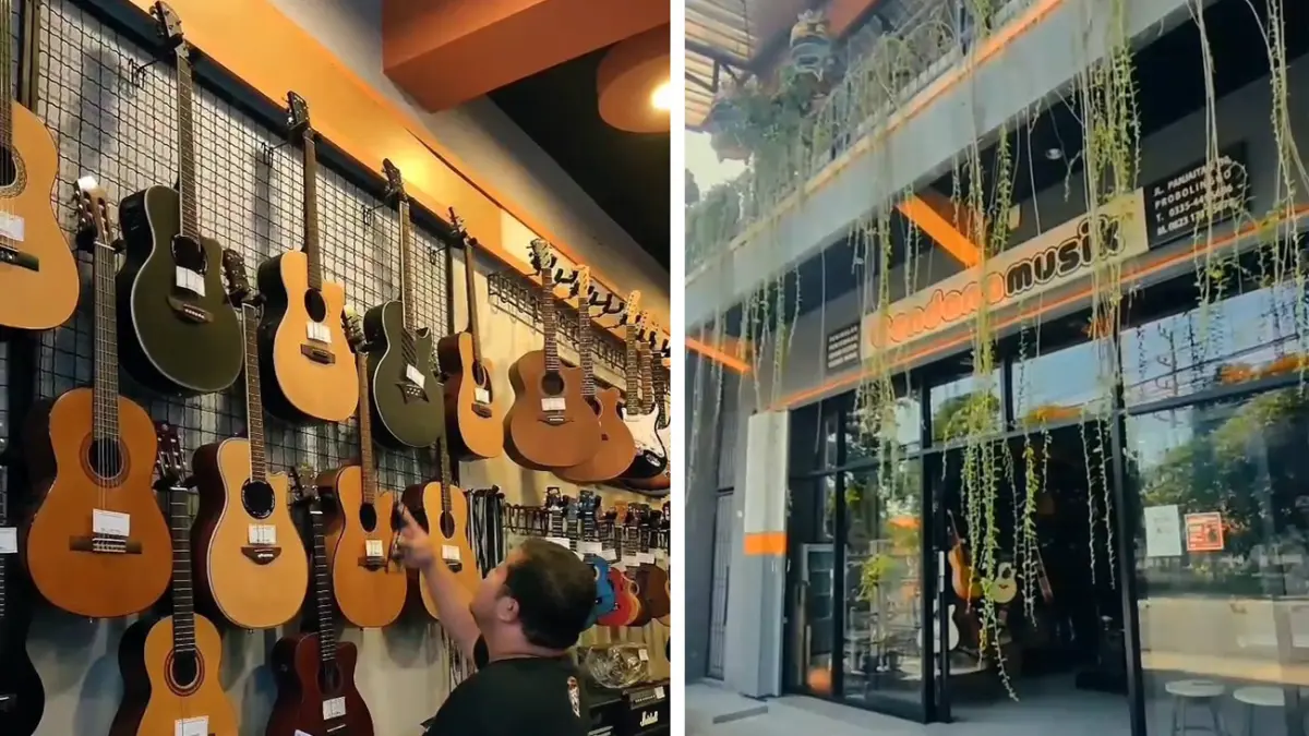 MAJOR BRAND: Seorang pembeli sedang memilih gitar dari berbagai merek di toko Cendana Musik. Ada Yamaha, Belleton, Cowboy, Donner, Steinhoff, Stinger, Ibanez, Fender, dan yang lain. Toko cendana musik dilihat dari depan.  