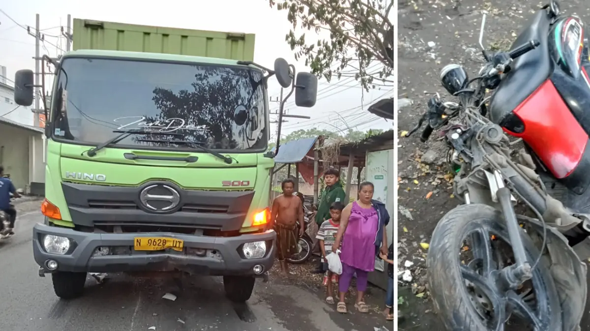 APES: Korban tergeletak usai motor Yamaha Fino yang dikemudikannya menabrak bagian depan truk boks. Foto kanan, kondisi motor Yamaha Fino yang bagian depannya alami ringsek parah. 