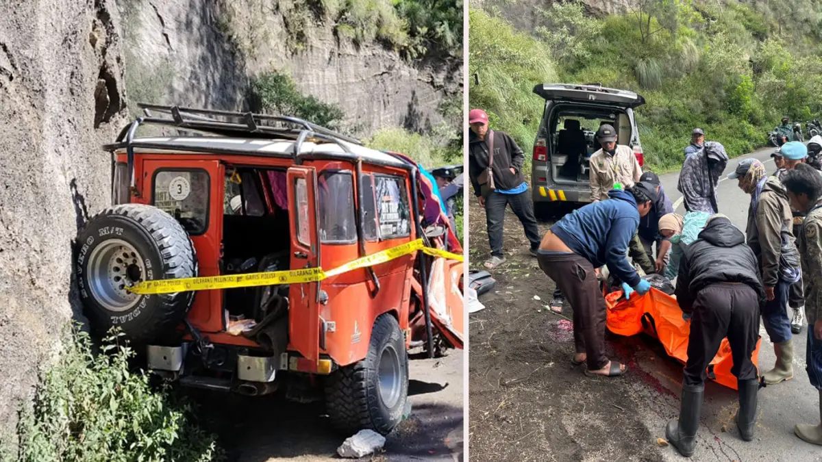 RAWAN KECELAKAAN: Kondisi jip bromo usai menabrak tebing di jalur Bromo leter S, Tosari, Pasuruan. Foto kanan, jenazah wisatawan asal Korsel saat dievakuasi usai motor vario yang ditumpanginya alami rem blong dan menabrak tebing. 