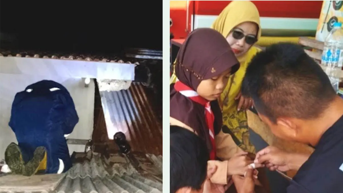 DUA INSIDEN: Personel damkar mengevakuasi cincin dari jari siswi SD yang tak bisa dilepas. Kiri, Personel damkar mengevakuasi sarang tawon di rumah Saniman. (Foto: Damkar for Jawa Pos Radar Bromo)