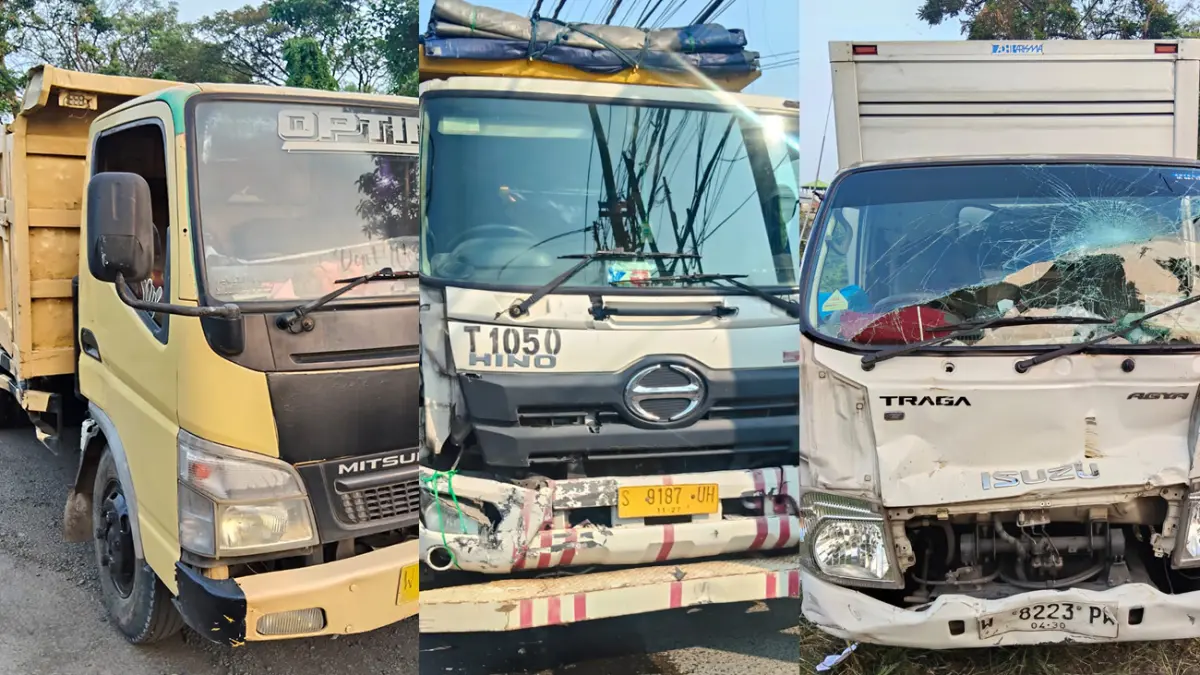 Kondisi 3 truk yang terlibat tabrakan di simpang tiga Bareng, Pandaan. 
