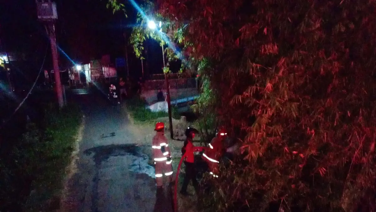 BIKIN PANIK: Petugas Damkar Kabupaten Probolinggo memadamkan kebakaran barongan bambu di Desa Jorongan, Kecamatan Leces.