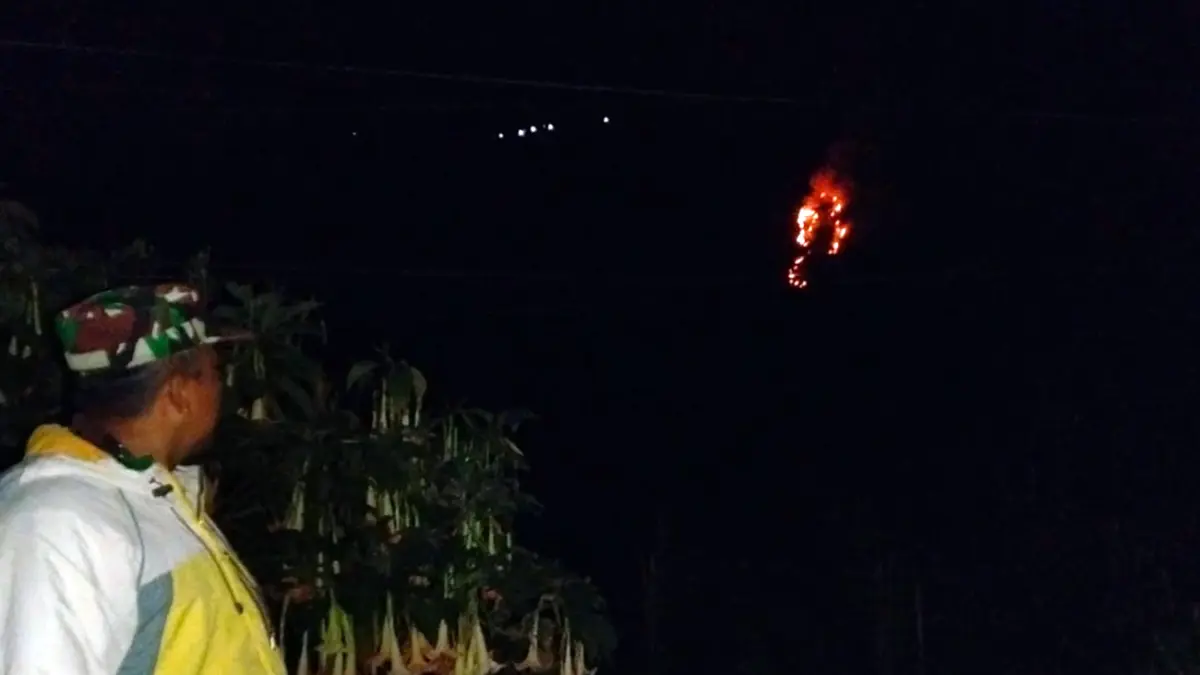 TERBAKAR: Babinsa Sukapura Sertu Agung Wahyu saat menunjukkan lokasi kebakaran hutan yang ada di lereng bukit Dusun Gedong, Desa Sariwani, Kabupaten Probolinggo, Sabtu (6/6) malam.