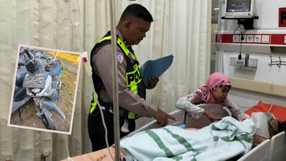DITABRAK TRUK: Pengendara motor yang jadi korban saat mendapat perawatan medis di RSUD Bangil. Inset, Motor korban yang ringsek usai kecelakaan. (Foto: Satlantas for Jawa Pos Radar Bromo)