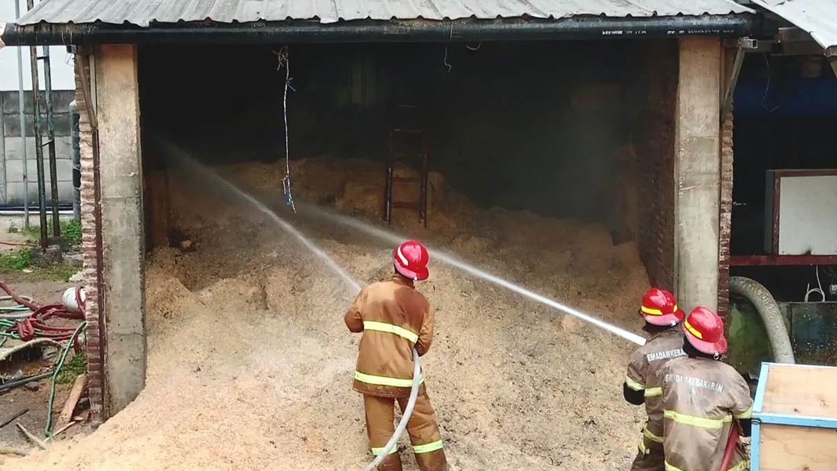 SEMPROT: Petugas Damkar Kabupaten Probolinggo melakukan pemadaman pabrik pengolahan kayu di Desa Bulang, Kecamatan Gending. (Foto: Damkar for Jawa Pos Radar Bromo)