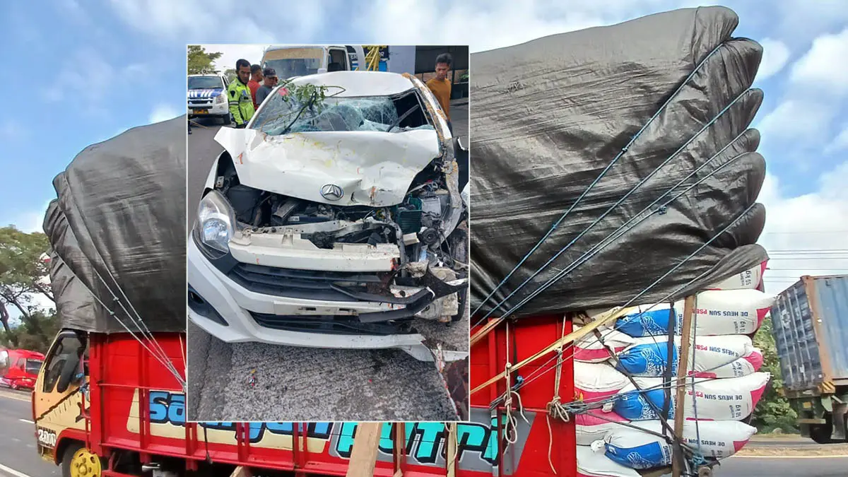 DIAMANKAN: Truk yang ditabrak dan mobil Daihatsu Ayla setelah kecelakaan. (Foto: Unit Gakkum Satlantas Polres Pasuruan for Jawa Pos Radar Bromo