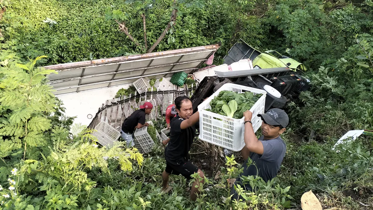 MUAT SAYUR: Truk sayur yang dikemudikan Makmur saat berada di sungai usai diseruduk dump truck dari belakang. (Rizal Syatori/ Radar Bromo)  