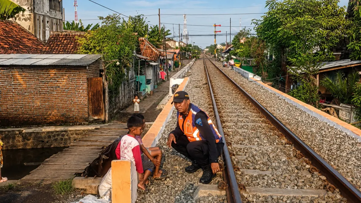 SOSIALISASI: Petugas PT KAI Daop 9 Jember melakukan sosialisasi kepada sejumlah anak di Kecamatan Wonoasih, Kota Probolinggo. (PT KAI DAOP 9 JEMBER FOR POS RADAR BROMO)