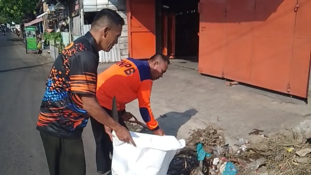 DIBERSIHKAN: Petugas BPBD Kota Probolinggo membersihkan sampah di drainase Jalan Supriadi, Kota Probolinggo, Kamis (25/6).&nbsp;(BPBD KOTA PROBOLINGGO FOR&nbsp;POS RADAR BROMO)