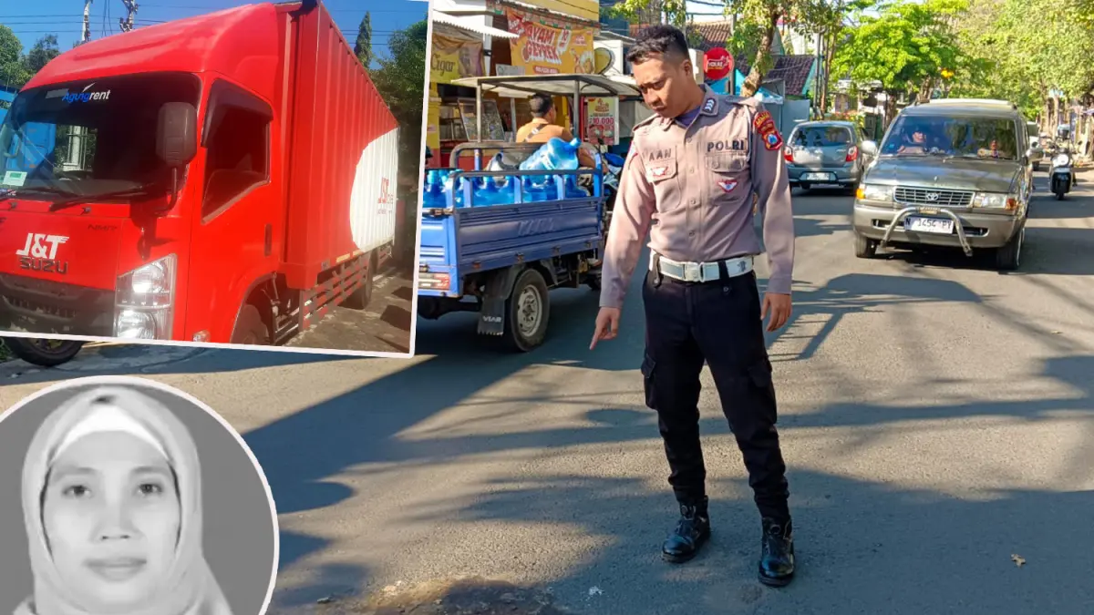 NAHAS: Lokasi kecelakaan maut motor Yamaha Vega yang dikendarai guru tabrakan dengan truk ekspedisi J&T di Jalan Cokro Kota Probolinggo. Inset korban semasa hidup dan truk ekspedisi yang diamankan petugas.  