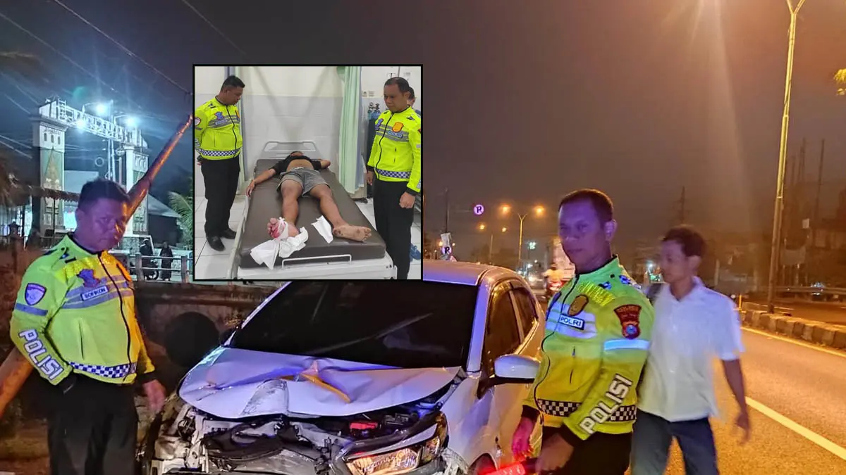RINGSEK: Mobil Honda Brio mengalami laka lantas tunggal di Desa Capang, Kecamatan Purwodadi. Inset, Sopir Brio mengalami luka-luka, perawatan medis di IGD Puskesmas Purwodadi. (Foto: Poslantas Purwosari for Jawa Pos Radar Bromo)