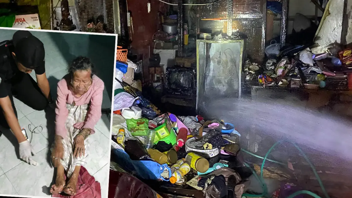 Petugas saat melakukan pembasahan pada rumah korban. Inset, korban yang alami luka di kaki. 