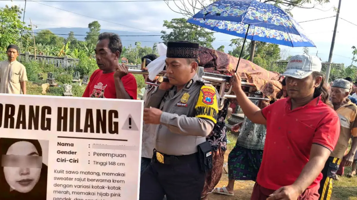 Suasana pemakaman korban SM. Inset korban yang sempat masuk daftar orang hilang sebelum jenazahnya ditemukan di dasar sumur Alassumur Kulon. 