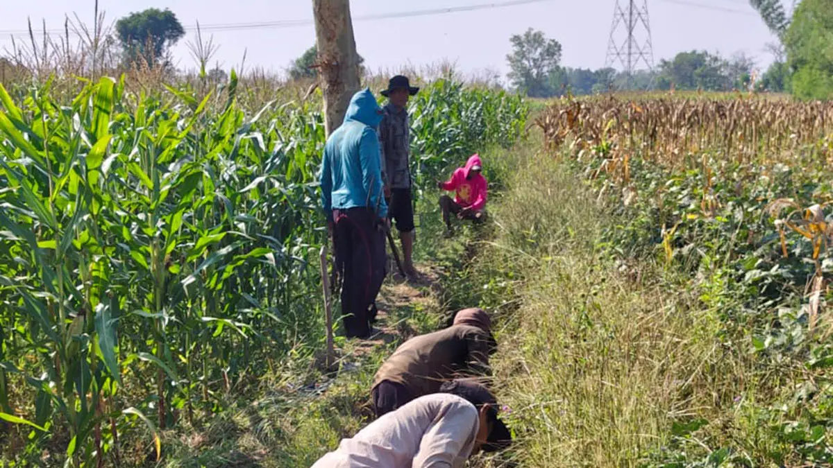 GOTONG ROYONG: Sejumlah warga bekerja sama membersihkan irigasi yang akan dibangun di Dusun Gedangan, Desa Sumberkare, Kecamatan Wonomerto. (Foto: Inneke Agustin/Jawa Pos Radar Bromo)