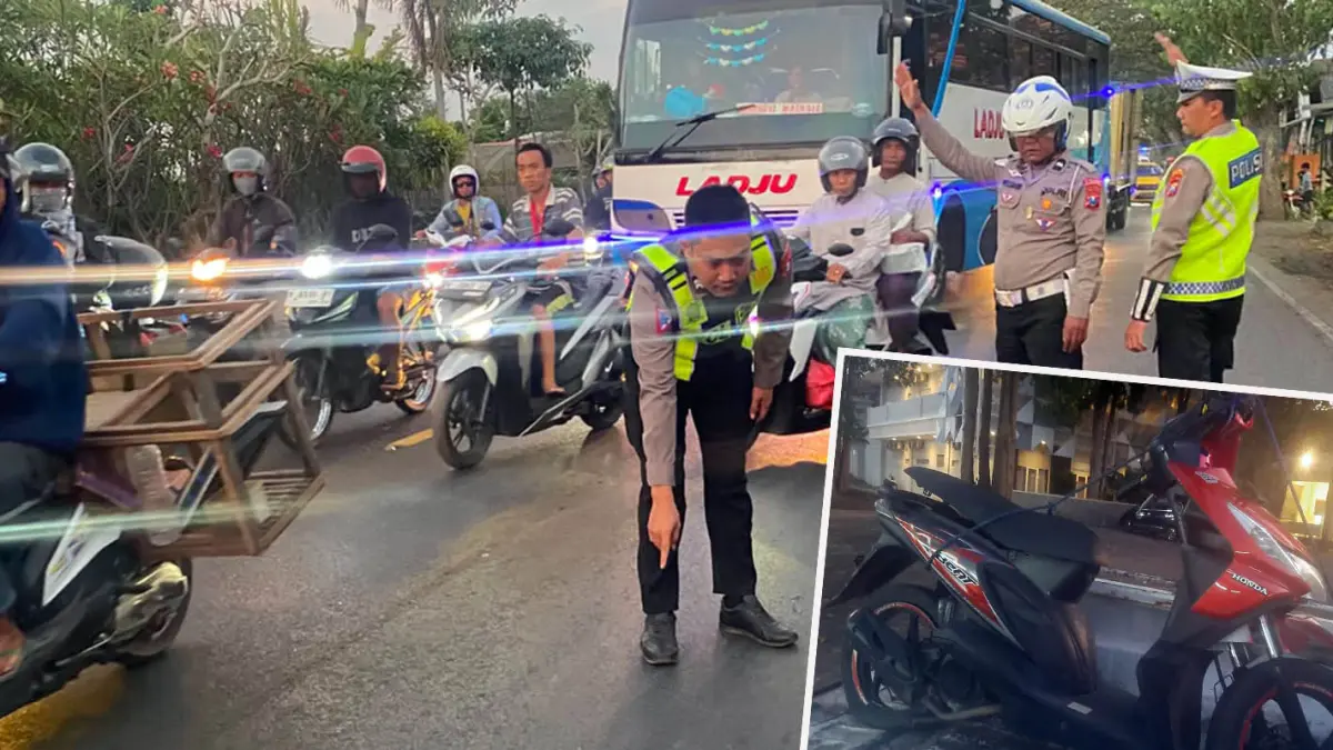 NAHAS: Petugas saat melakukan olah TKP kecelakaan maut di pantura Sumberasih, Probolinggo. Inset motor korban saat diamankan. 