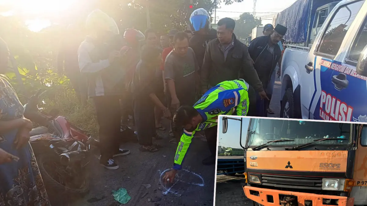 Petugas kepolisian saat melakukan olah TKP kecelakaan maut di jalan Prof Hamka, Probolinggo. Inset truk yang melindas korban turun diamankan. 