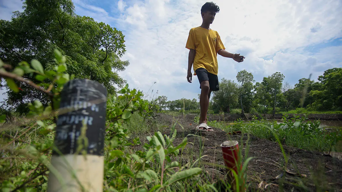 SUDAH PERNAH DITANDAI: Seorang pemuda melintas di kawasan tambak di Jelakrejo, Blandongan Bugul Kidul yang direncanakan sebagai lokasi JLU di seksi empat. (Foto: Mokhammad Zubaidillah/Jawa Pos Radar Bromo)