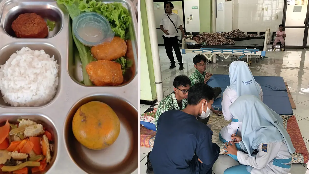 DIDATA: Sejumlah siswa yang alami gejala keracunan di Puskesmas Pandaan saat didata. Inset, menu MBG SMAN 1 Pandaan, Rabu (22/7). Usai menyantap menu MBG, belasan pelajar alami gejala keracunan. (Rizal Syatori/ Radar Bromo) 