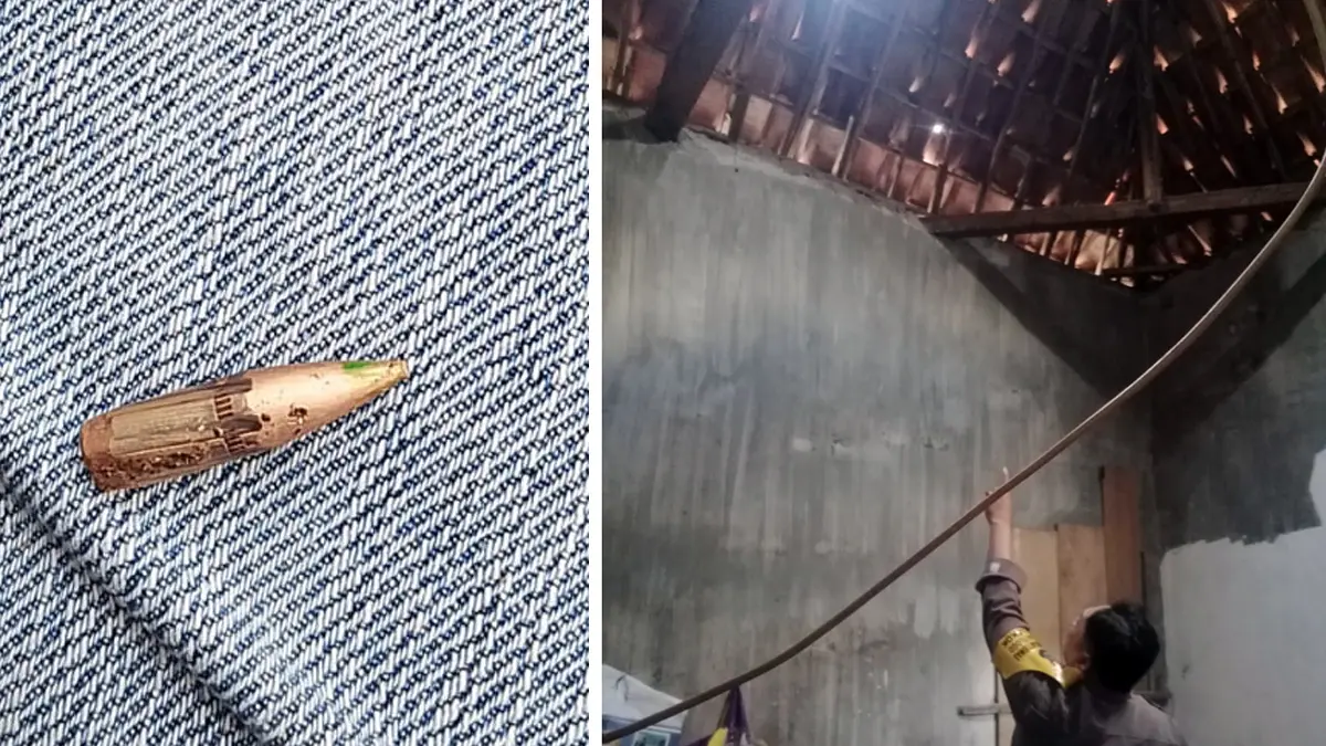 Petugas menunjukkan salah satu rumah warga Alastlogo Pasuruan terdampak peluru nyasar (foto kanan). Proyektil yang ditemukan di rumah warga (foto kiri). 