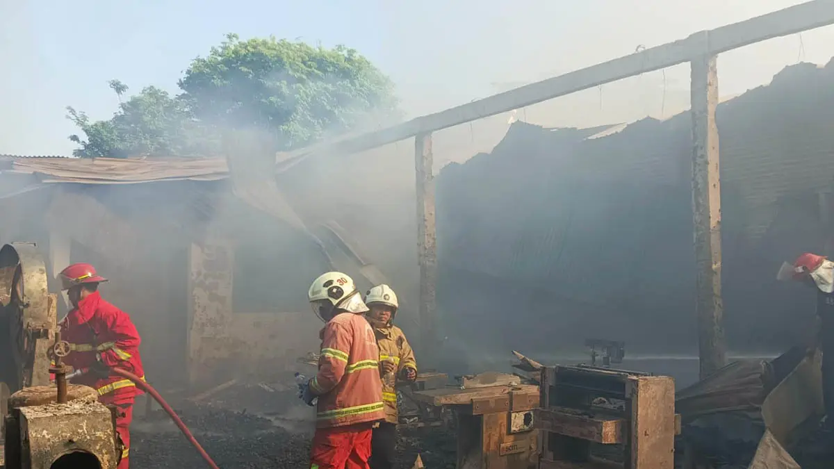 SEBELUM PADAM: Kebakaran yang terjadi di gudang kayu PT Kuantum Persada di Jalan Gatot Subroto, Kelurahan Randusari, Kecamatan Gadingrejo pada Sabtu (25/7) lalu. (Foto : BPBD Kota Pasuruan for Jawa Pos Radar Bromo)