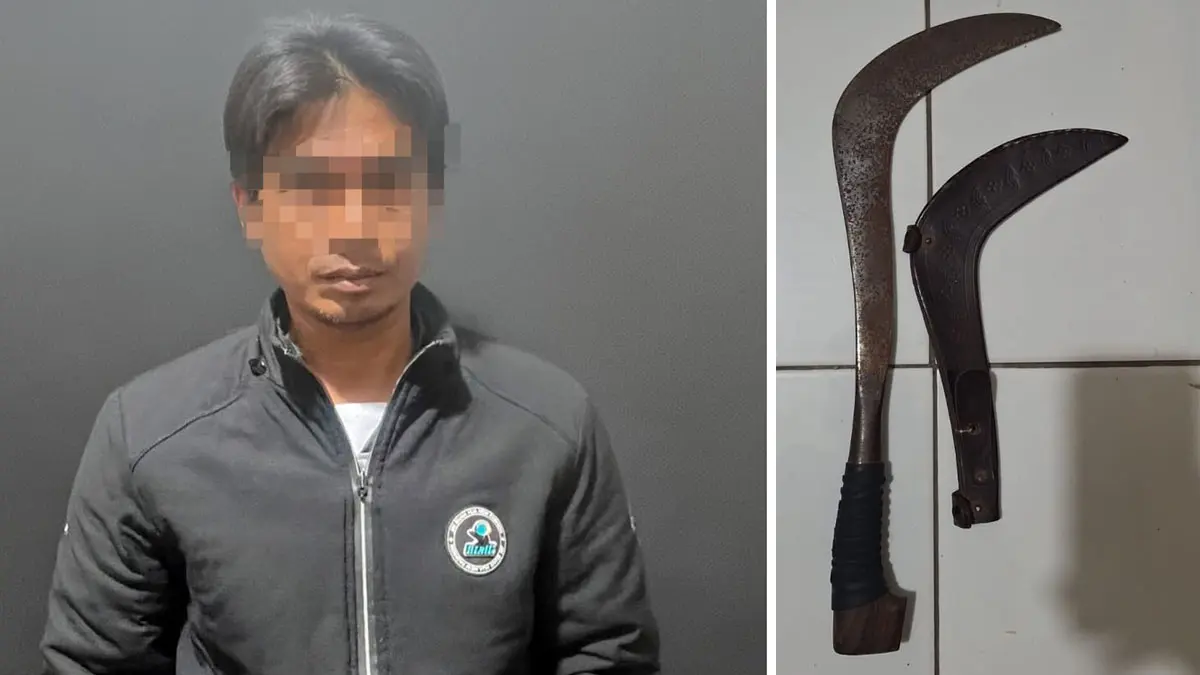 DIAMANKAN: MU diamankan di sel mapolsek. Inset celurit yang digunakan untuk menyabet korban ikut diamankan. 
