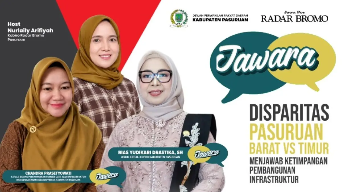 JAWARA: Jagongan bersama wakil rakyat menghadirkan wakil ketua DPRD Kabupaten Pasuruan Rias Yudikari, Kabid Perekonomian, SDA, infrastruktur dan kewilayahan pada Bapperinda Chandra Prasetyowati, bersama host Ning Evi dari Radar Bromo.