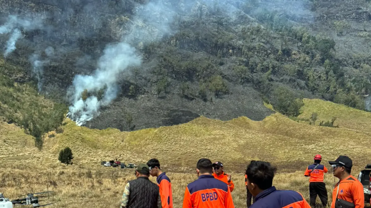 GANGGU SEKTOR WISATA: Tim BPBD saat berupaya memadamkan api di kawasan sabana Bromo. (Istimewa)