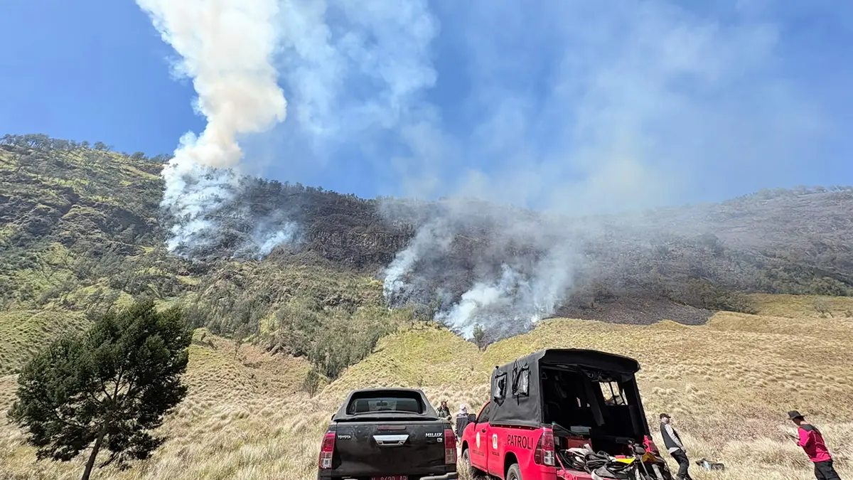 PEMADAMAN: Personel gabungan saat hendak melakukan proses pemadaman Kamis (6/8). (BPBD Kabupaten Probolinggo for Radar Bromo)